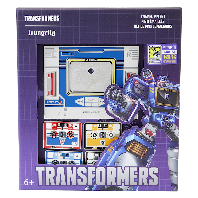 image of the 4-piece pin set for Transformers as cassette tapes